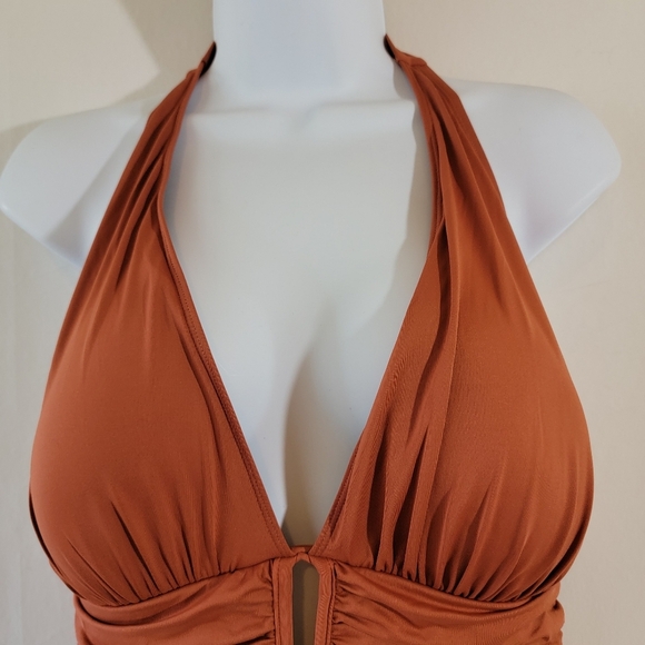 BLUE|Rod Beattie Chestnut Ruched Plunging Halter One Piece Swimsuit Sz 12 Sexy - Picture 3 of 12